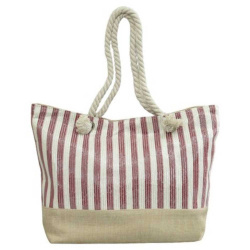 Плажна чанта текстилна, затваряне с цип, с дръжки от въжета, червени райета