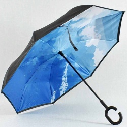 Обърнат дамски чадър за дъжд Небе, двупластов, противовятърен, черен