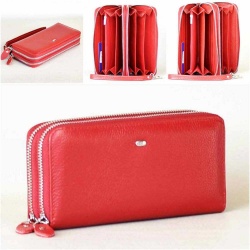 Дамско портмоне от естествена кожа с две отделения с цип и джоб за телефон, червено