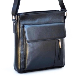 Мъжка чанта от естествена телешка кожа за през рамо с удобно разпределение черна